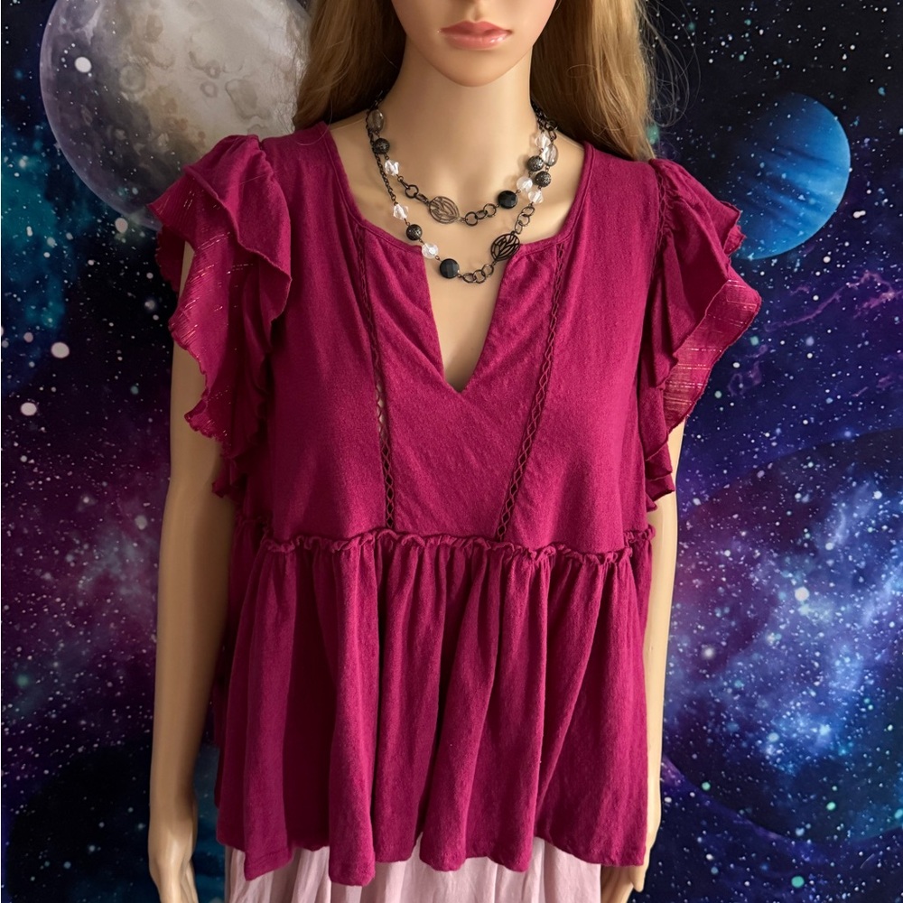 Anthropologie XL Burgundy Ruffle sleeve Top